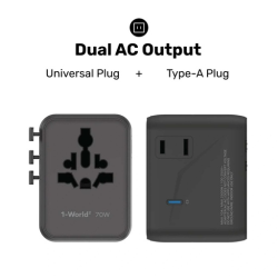 1-World² 5-Port Mini Universal Travel GaN Charger 70W with Dual AC Black 1-World² 5-Port Mini Universal Travel GaN Charger 70W with Dual AC Black