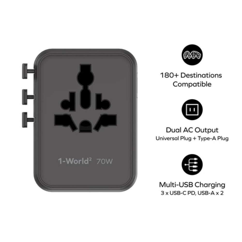 1-World² 5-Port Mini Universal Travel GaN Charger 70W with Dual AC Black 1-World² 5-Port Mini Universal Travel GaN Charger 70W with Dual AC Black