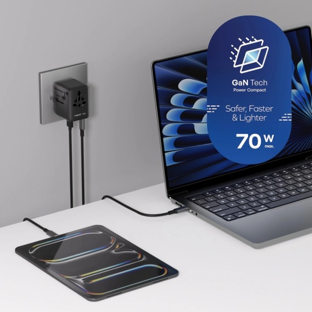 1-World² 5-Port Mini Universal Travel GaN Charger 70W with Dual AC Black 1-World² 5-Port Mini Universal Travel GaN Charger 70W with Dual AC Black