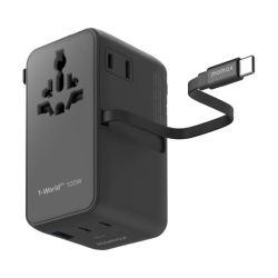 1-World²⁺ 4-Port Mini Universal Travel GaN Charger with Built-In Retractable Cable 100W with Dual AC Black