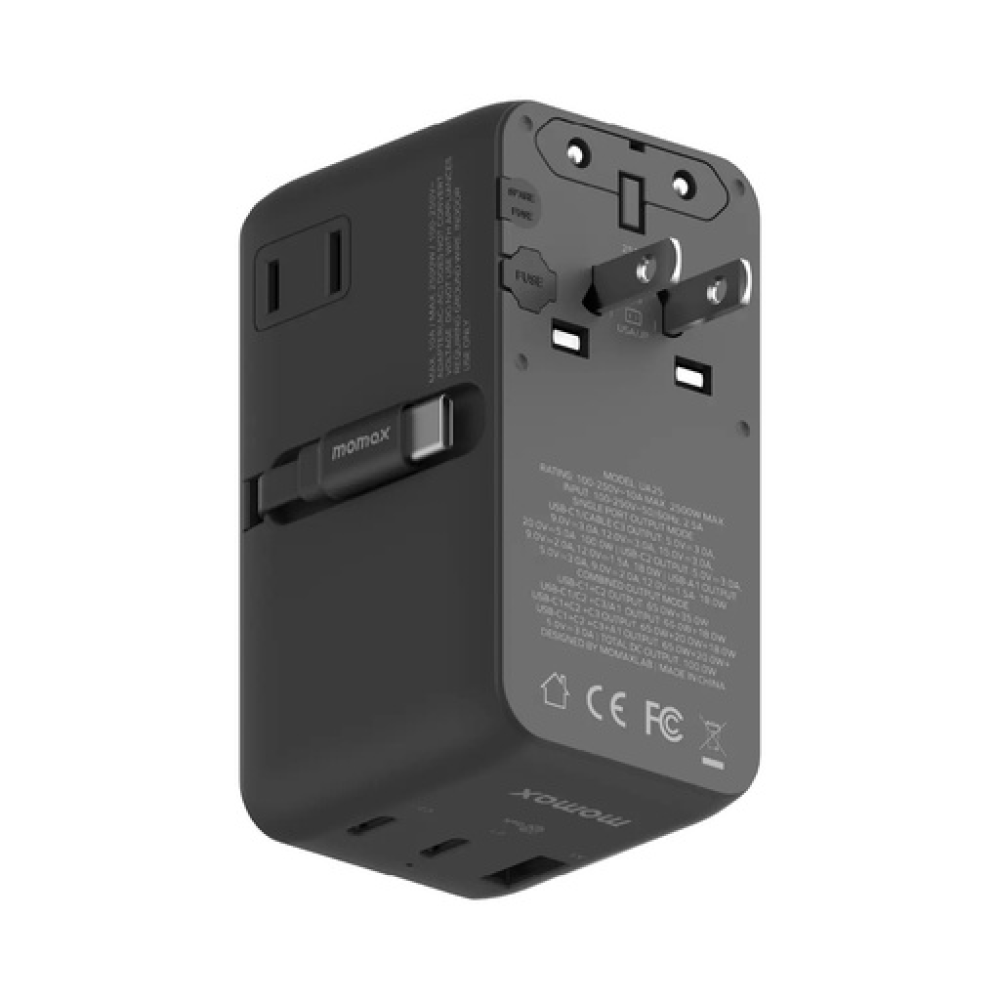 1-World²⁺ 4-Port Mini Universal Travel GaN Charger with Built-In Retractable Cable 100W with Dual AC Black 1-World²⁺ 4-Port Mini Universal Travel GaN Charger with Built-In Retractable Cable 100W with Dual AC Black