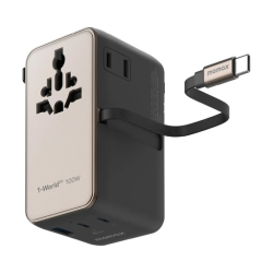 1-World²⁺ 4-Port Mini Universal Travel GaN Charger with Built-In Retractable Cable 100W with Dual AC Titanium