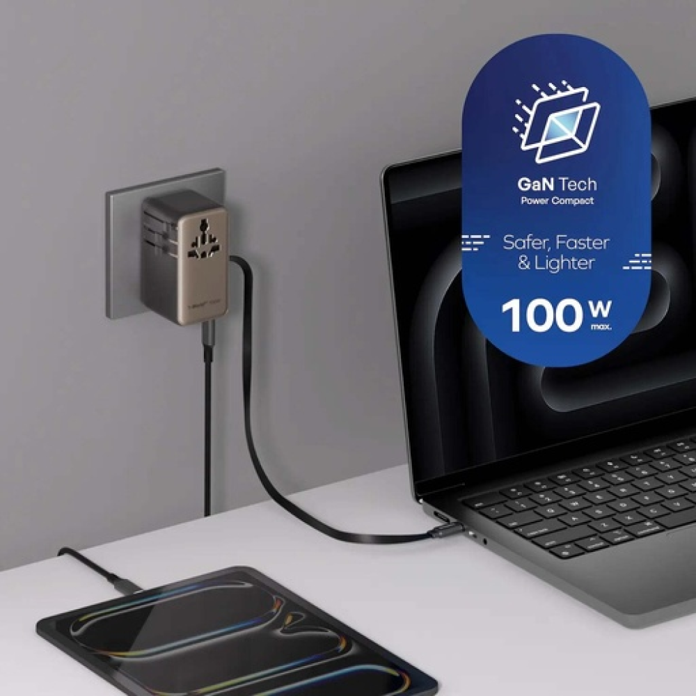 1-World²⁺ 4-Port Mini Universal Travel GaN Charger with Built-In Retractable Cable 100W with Dual AC Titanium 1-World²⁺ 4-Port Mini Universal Travel GaN Charger with Built-In Retractable Cable 100W with Dual AC Titanium