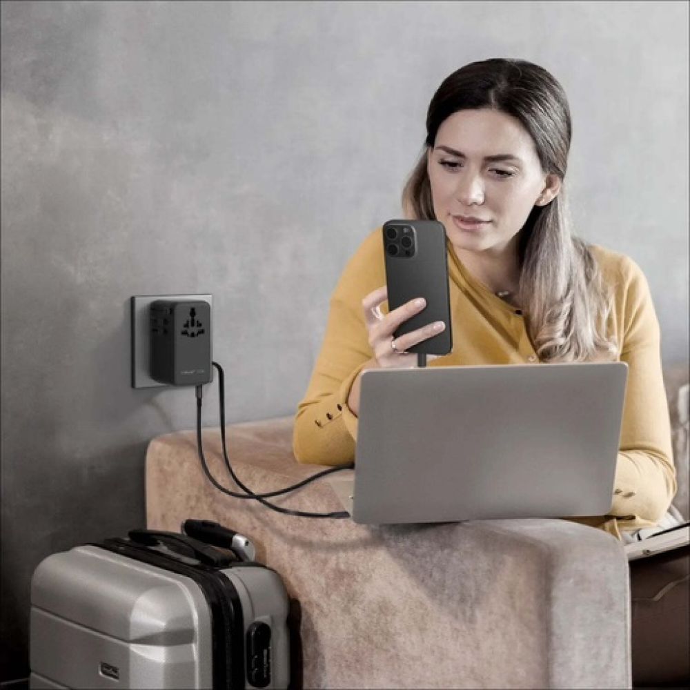 1-World²⁺ 4-Port Mini Universal Travel GaN Charger with Built-In Retractable Cable 100W with Dual AC Titanium 1-World²⁺ 4-Port Mini Universal Travel GaN Charger with Built-In Retractable Cable 100W with Dual AC Titanium