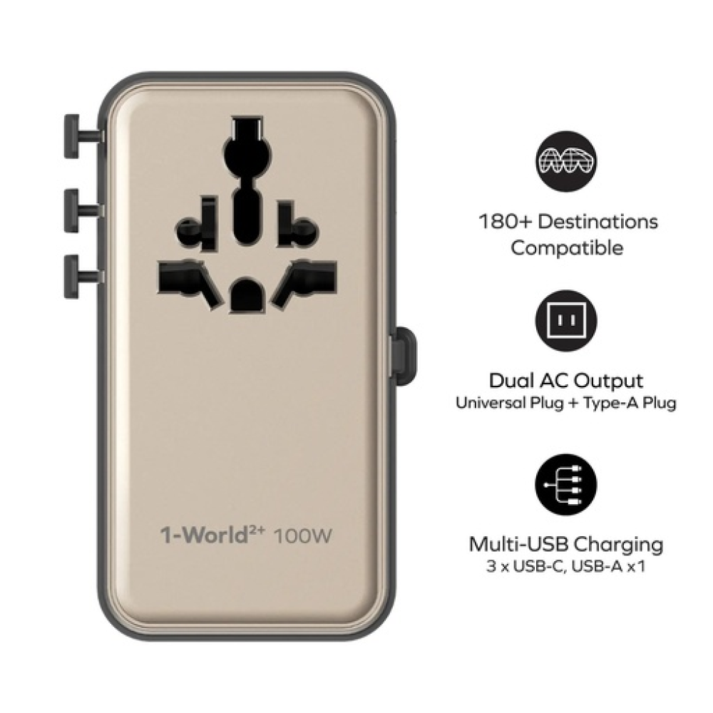 1-World²⁺ 4-Port Mini Universal Travel GaN Charger with Built-In Retractable Cable 100W with Dual AC Titanium 1-World²⁺ 4-Port Mini Universal Travel GaN Charger with Built-In Retractable Cable 100W with Dual AC Titanium