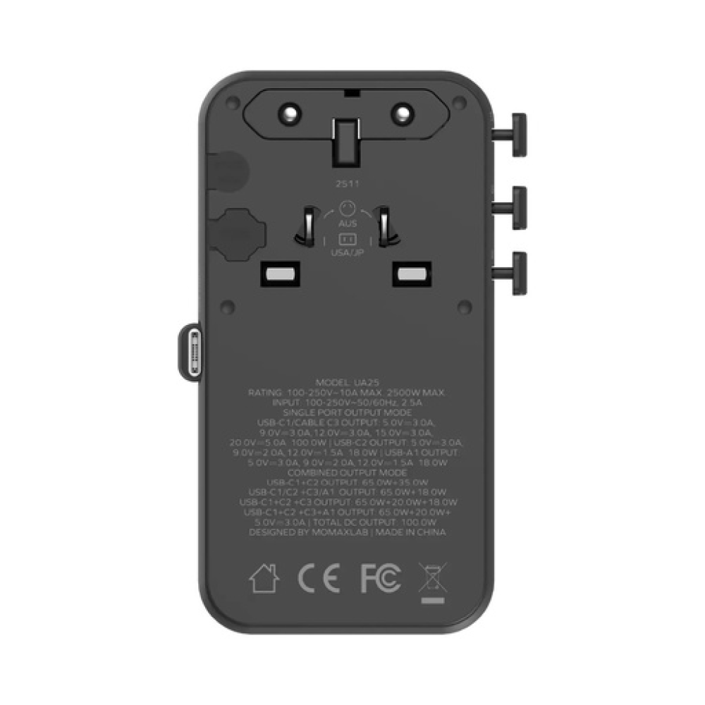 1-World²⁺ 4-Port Mini Universal Travel GaN Charger with Built-In Retractable Cable 100W with Dual AC Titanium 1-World²⁺ 4-Port Mini Universal Travel GaN Charger with Built-In Retractable Cable 100W with Dual AC Titanium