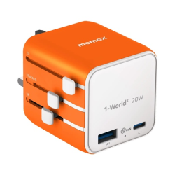 1-World² 2-Port USB-A and USB-C GaN Travel Charger 20W Orange