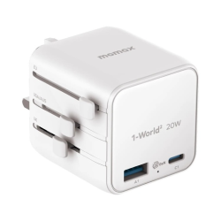 1-World² 2-Port USB-A and USB-C GaN Travel Charger 20W White
