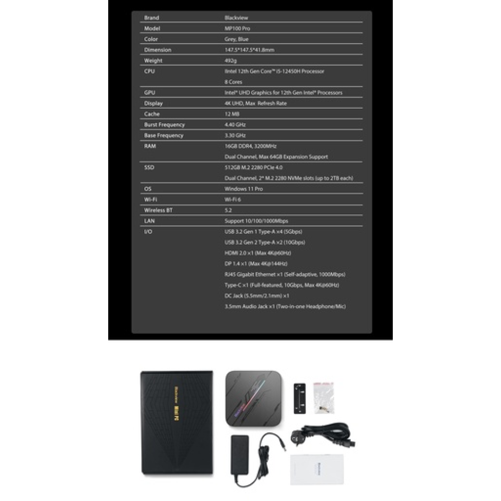 BlackView Μini PC MP100 PRO i5-12450H 16GB 512GB SSD Win11 Pro Black BlackView Μini PC MP100 PRO i5-12450H 16GB 512GB SSD Win11 Pro Black