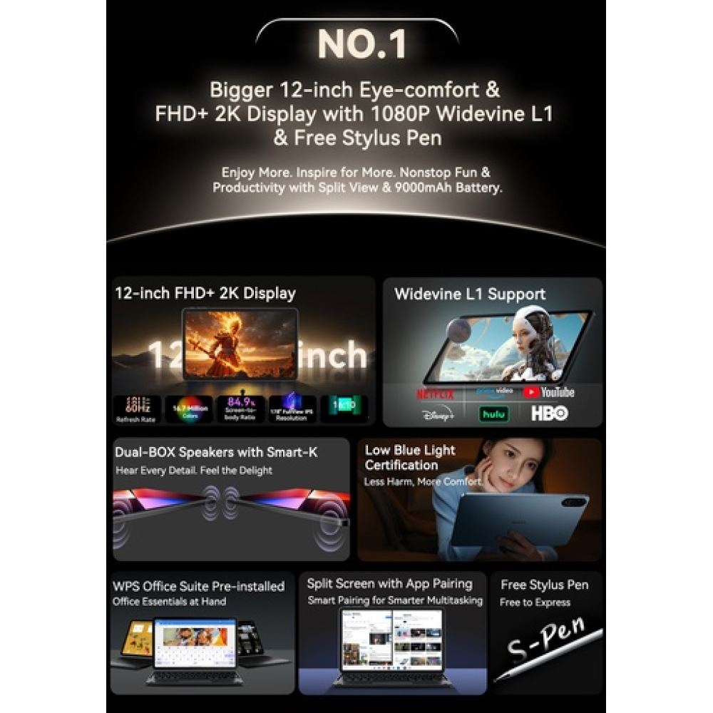 Blackview MEGA 2 – 12" Android 15 Tablet με WiFi | 12GB RAM, 256GB ROM | Space Blue Set